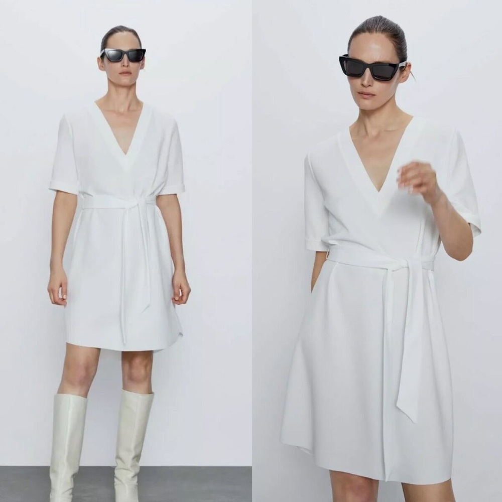 Zara White Textured Tie Belt Dress Size Small